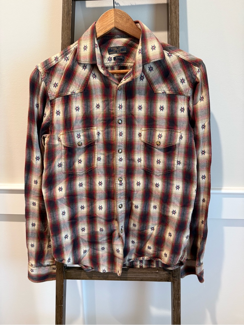 Zara Man Cream, Navy & Red Plaid Western Shirt snap